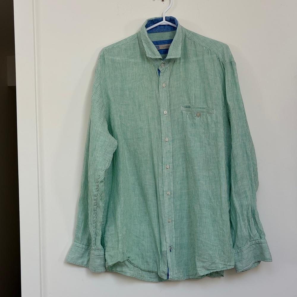 Arturo Calle Men's Green Stripe Lightweight Button-Up Shirt 100% Linen